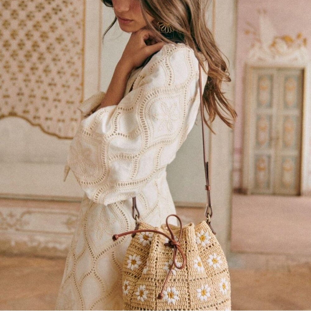 Sezane Raffia Farrow Daisy Embroidered Bag - Picture 3 of 12